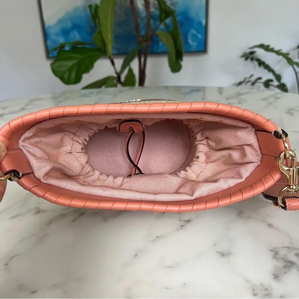 COACH Woven Straw Bucket Bag Crossbody F72707 Natural Light Coral Leather Gold